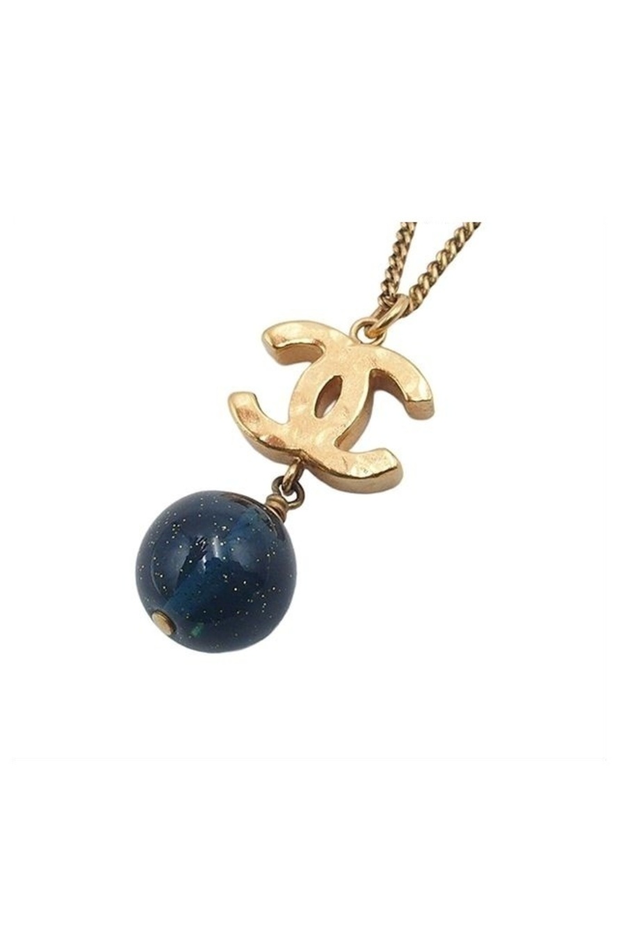 Chanel Necklace Gold Blue Metal CC Logo Costume